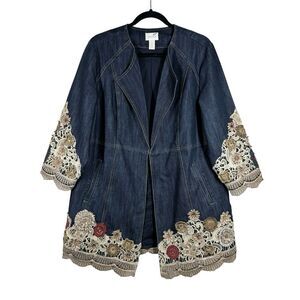 Chicos Denim Lace Doilie Long Blazer Jacket Boho Embellishment Size 3 Or XL